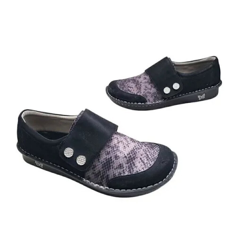 Alegria Black Snake Leather Cross Strap Clog Comfort Low Platform Shoes